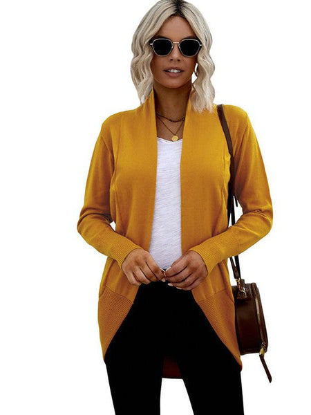 Women'S Casual Mid-Length Solid Color Cardigan Jacket With Long Sleeves