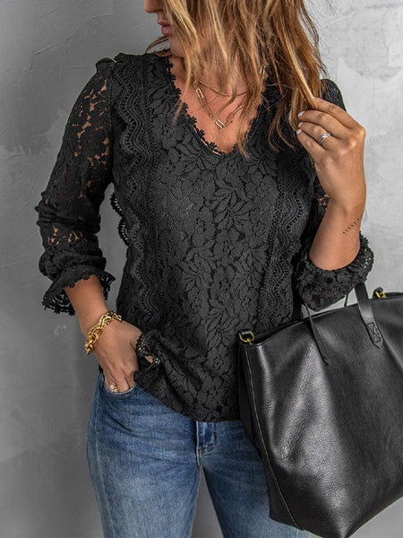 Women's Blouse Lace Embroidery Stitching Bow Tie Long Sleeves Blouse