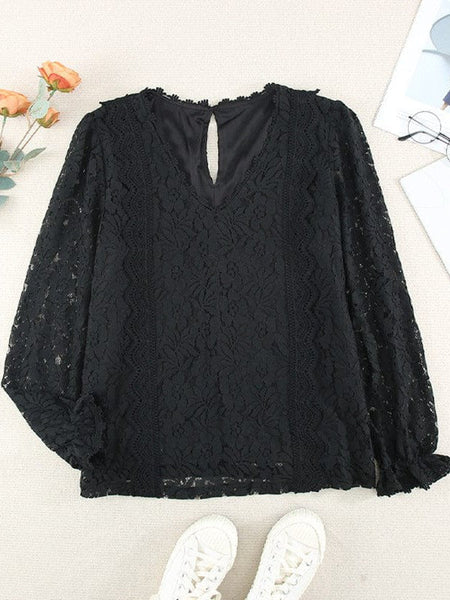 Women's Blouse Lace Embroidery Stitching Bow Tie Long Sleeves Blouse