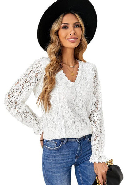 Women's Blouse Lace Embroidery Stitching Bow Tie Long Sleeves Blouse