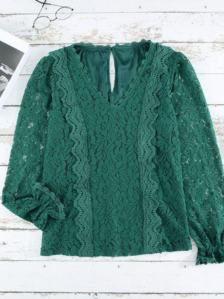 Women's Blouse Lace Embroidery Stitching Bow Tie Long Sleeves Blouse