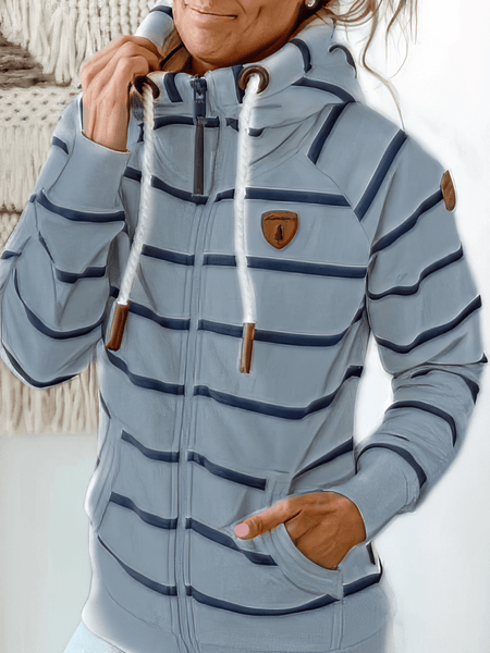 Women's Coffee Striped Leather Zip Hoodie with Functional Pockets