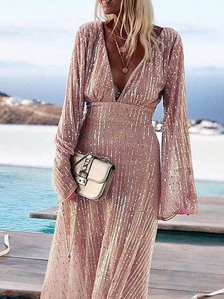 Women's Dress - A Line Dress Wedding Guest Maxi long Dress Beige Long Sleeve Solid Color Sequins Fall Winter V Neck Stylish Elegant Formal Party S M L XL / Party Dress