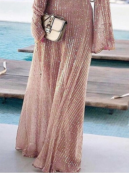 Women's Dress - A Line Dress Wedding Guest Maxi long Dress Beige Long Sleeve Solid Color Sequins Fall Winter V Neck Stylish Elegant Formal Party S M L XL / Party Dress