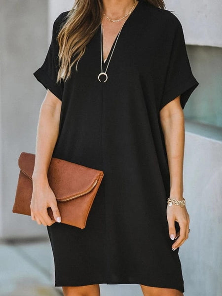 Women's Dress - Casual Dress Midi Dress Black White Yellow Short Sleeve Pure Color Summer Spring V Neck Hot S M L XL XXL