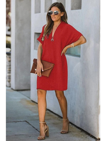 Women's Dress - Casual Dress Midi Dress Black White Yellow Short Sleeve Pure Color Summer Spring V Neck Hot S M L XL XXL