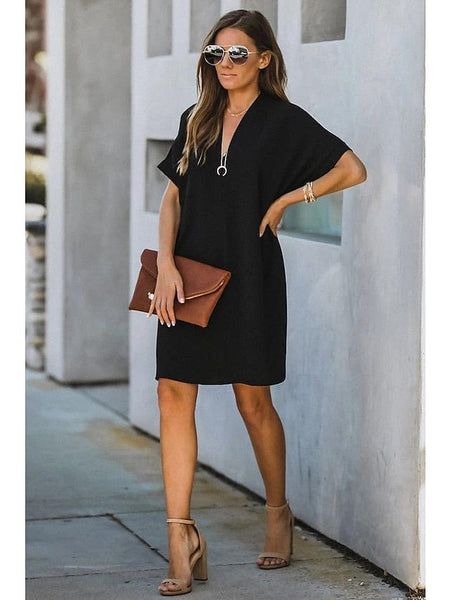 Women's Dress - Casual Dress Midi Dress Black White Yellow Short Sleeve Pure Color Summer Spring V Neck Hot S M L XL XXL