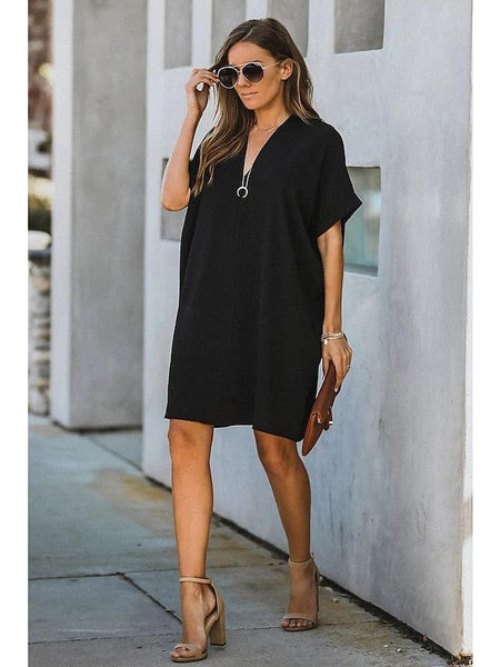 Women's Dress - Casual Dress Midi Dress Black White Yellow Short Sleeve Pure Color Summer Spring V Neck Hot S M L XL XXL