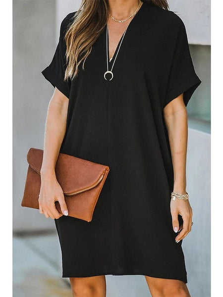 Women's Dress - Casual Dress Midi Dress Black White Yellow Short Sleeve Pure Color Summer Spring V Neck Hot S M L XL XXL