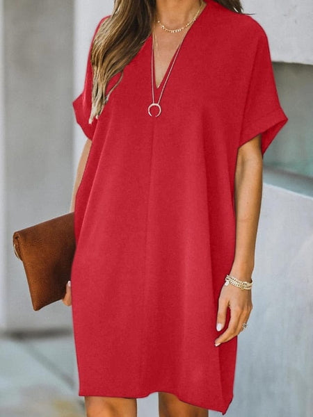 Women's Dress - Casual Dress Midi Dress Black White Yellow Short Sleeve Pure Color Summer Spring V Neck Hot S M L XL XXL