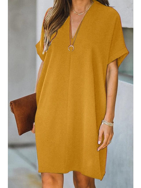 Women's Dress - Casual Dress Midi Dress Black White Yellow Short Sleeve Pure Color Summer Spring V Neck Hot S M L XL XXL
