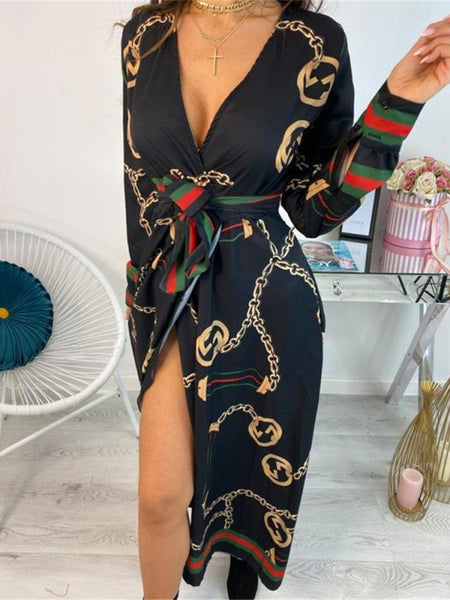 Women's Dresses Deep V-Neck Printed Lace Long Sleeve Dress
