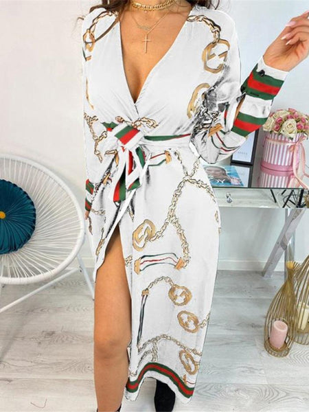 Women's Dresses Deep V-Neck Printed Lace Long Sleeve Dress