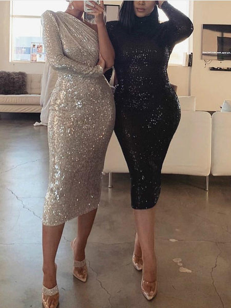 Women's One-Shoulder Sequin Cape Cocktail Dress