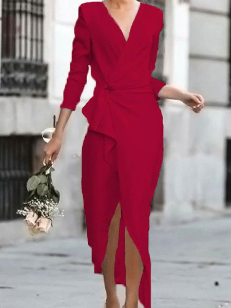 Women's Satin V-Neck Flutter Sleeve Wrap Dress