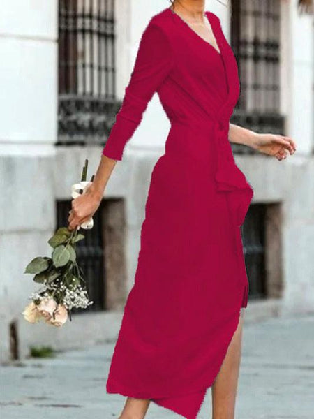 Women's Satin V-Neck Flutter Sleeve Wrap Dress