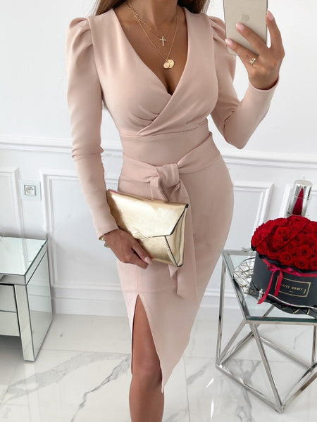 Women's Dresses V-Neck Commuter Tie Long Sleeve Slit Dress