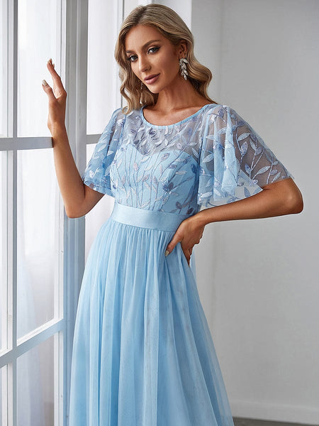 Women's Elegant Embroidered A-Line Floor Length Evening Dress