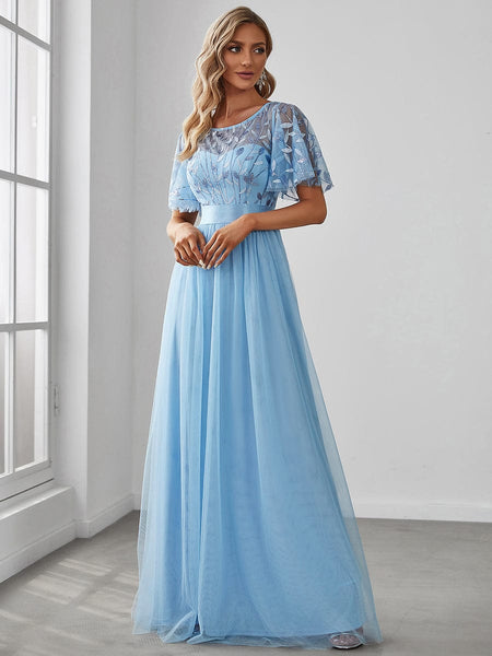Women's Elegant Embroidered A-Line Floor Length Evening Dress