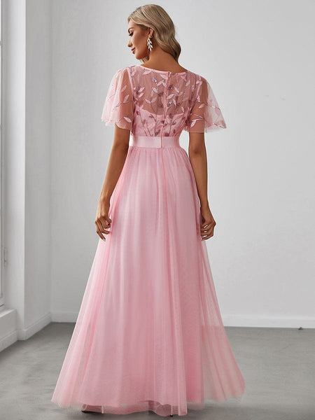 Women's Elegant Embroidered A-Line Floor Length Evening Dress