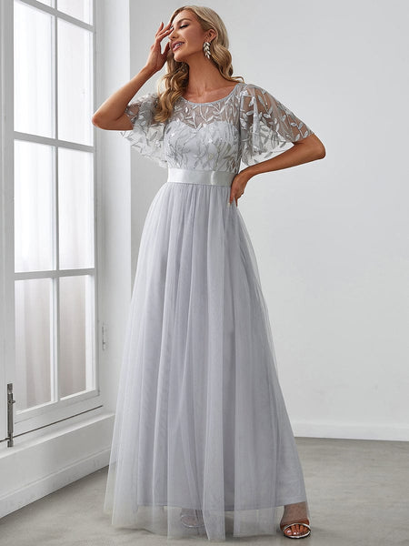 Women's Elegant Embroidered A-Line Floor Length Evening Dress