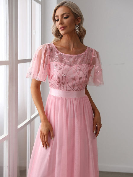 Women's Elegant Embroidered A-Line Floor Length Evening Dress