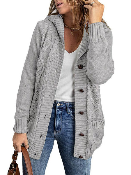 Solid Drawstring Single Breasted Knitted Hoodie