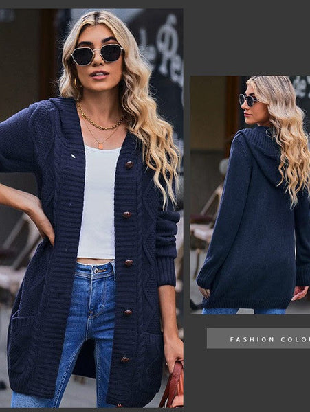 Solid Drawstring Single Breasted Knitted Hoodie