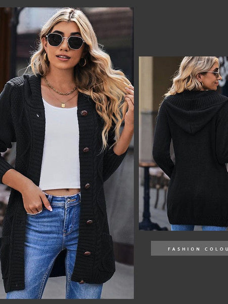 Solid Drawstring Single Breasted Knitted Hoodie