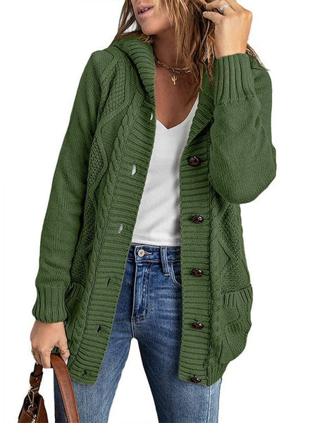 Solid Drawstring Single Breasted Knitted Hoodie