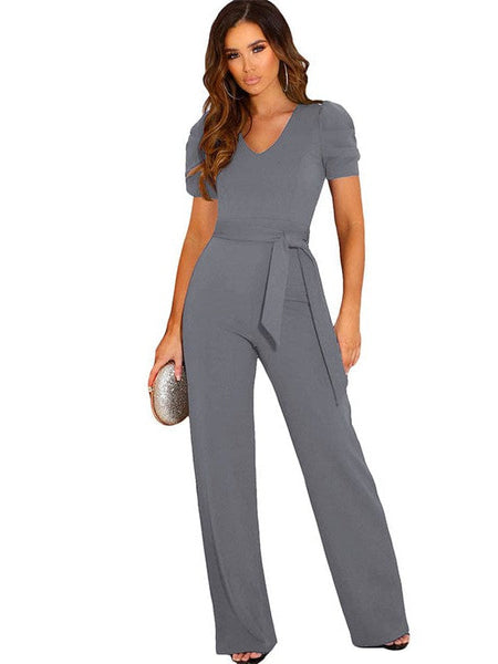 Women'S Elegant V-Neck Lace-Up Puff Sleeve Jumpsuit With Wide-Leg Style
