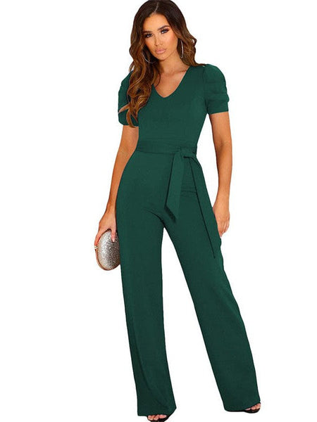 Women'S Elegant V-Neck Lace-Up Puff Sleeve Jumpsuit With Wide-Leg Style