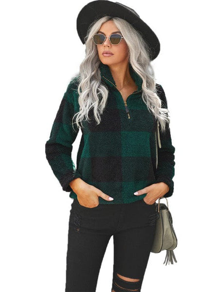 Women'S Fashion Plaid Printed Zip-Up Plush Sweatshirt For Ladies