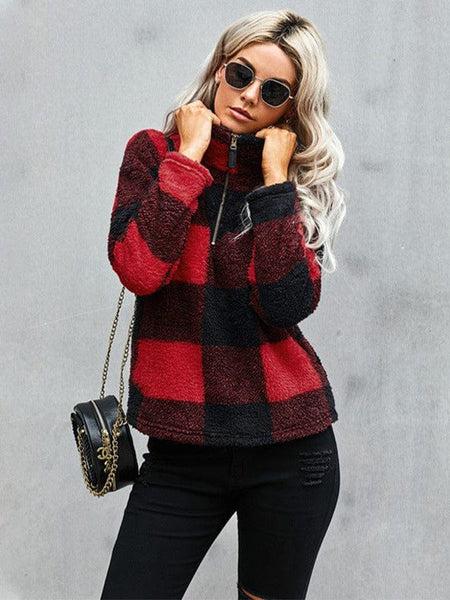 Women'S Fashion Plaid Printed Zip-Up Plush Sweatshirt For Ladies