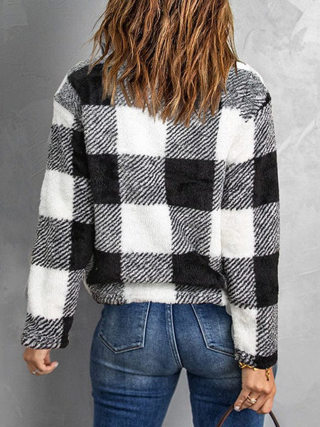 Women'S Fashion Plaid Printed Zip-Up Plush Sweatshirt For Ladies