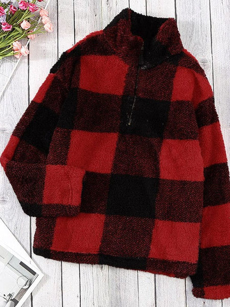 Women'S Fashion Plaid Printed Zip-Up Plush Sweatshirt For Ladies