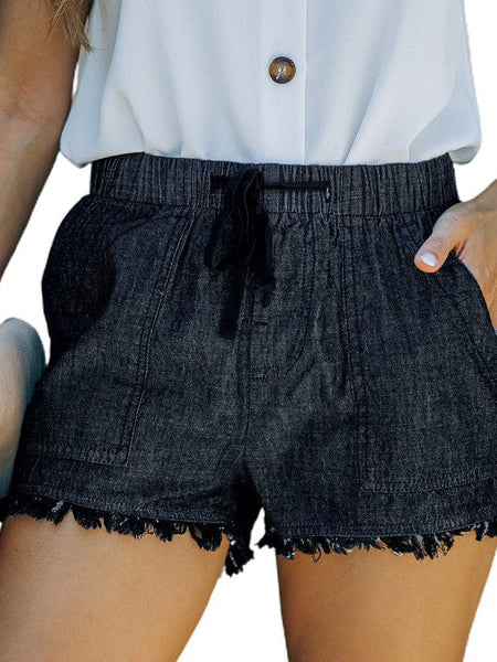 Women'S High Waist Denim Shorts With Elastic Waistband And Fringed Details