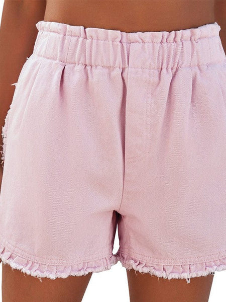 Women'S High Waist Denim Shorts With Elastic Waistband And Fringed Details