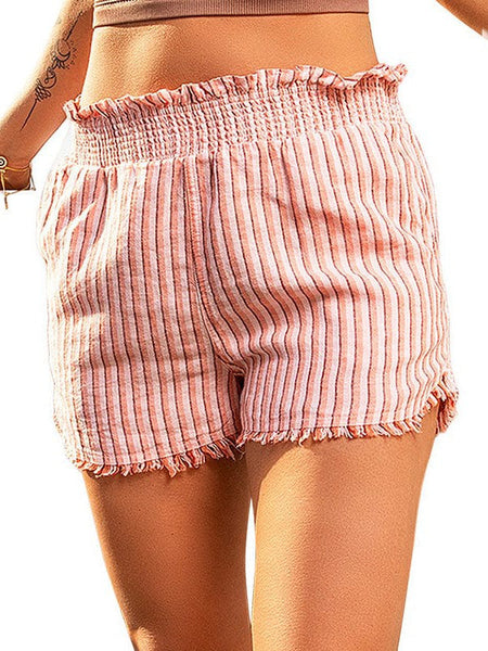 Women'S High Waist Denim Shorts With Elastic Waistband And Fringed Details