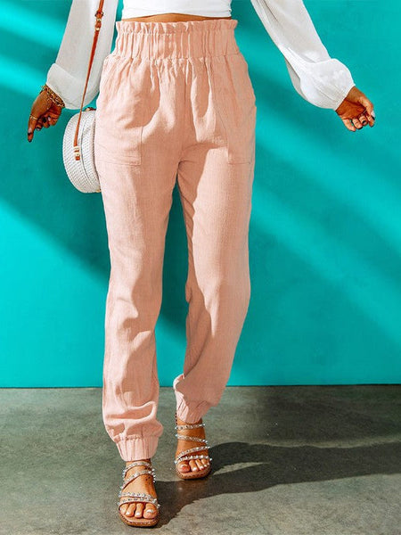 Women'S High Waist Pink Ruffle Pocket Straight Leg Pants