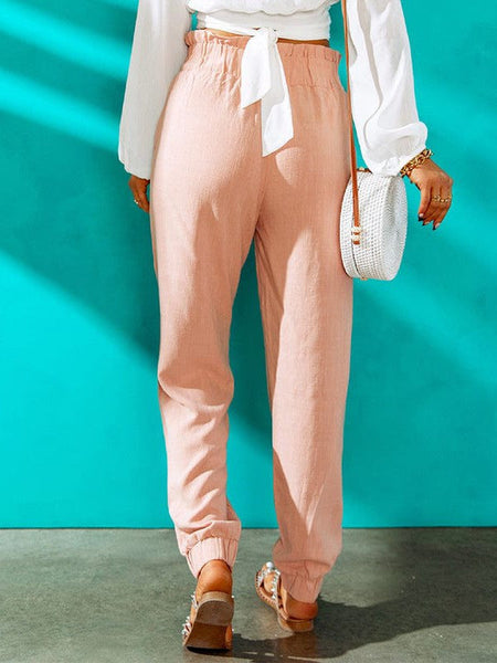Women'S High Waist Pink Ruffle Pocket Straight Leg Pants