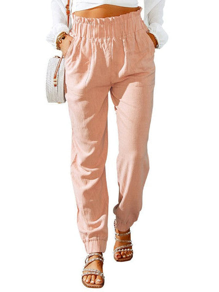 Women'S High Waist Pink Ruffle Pocket Straight Leg Pants