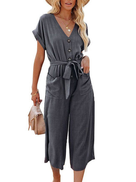 Solid Short Sleeve Buttoned Jumpsuit
