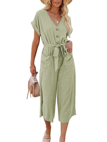 Solid Short Sleeve Buttoned Jumpsuit