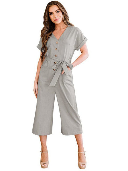 Solid Short Sleeve Buttoned Jumpsuit