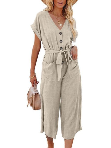 Solid Short Sleeve Buttoned Jumpsuit
