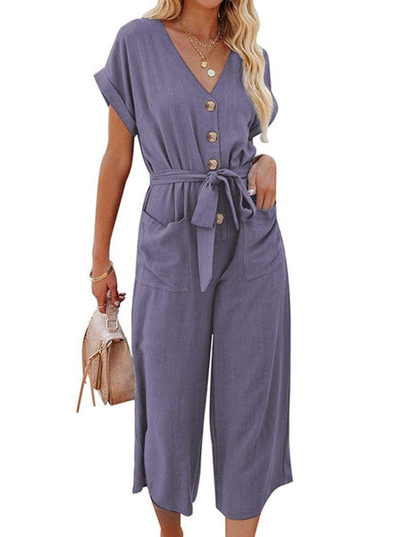 Solid Short Sleeve Buttoned Jumpsuit