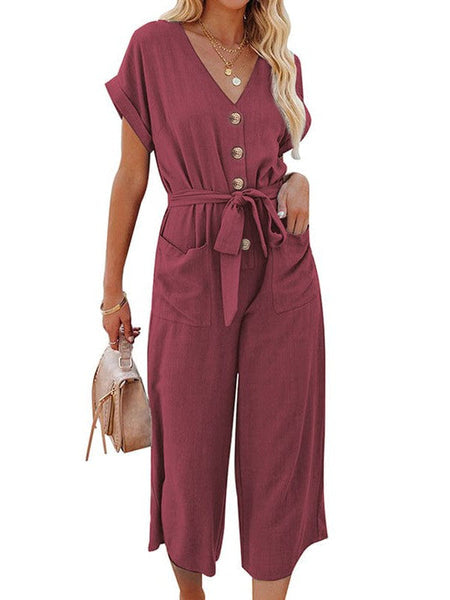 Solid Short Sleeve Buttoned Jumpsuit