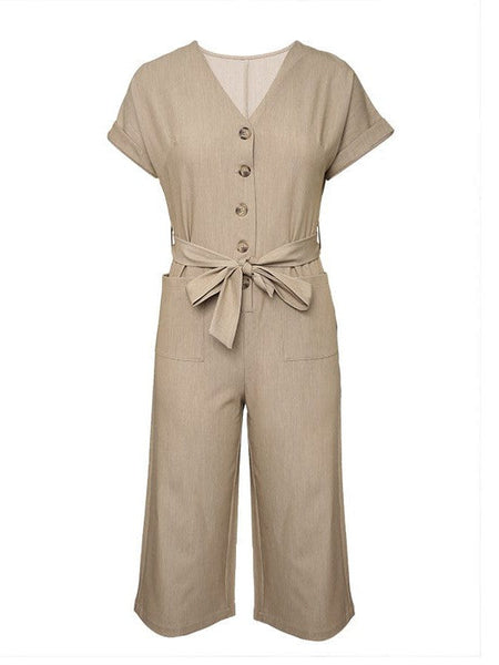 Solid Short Sleeve Buttoned Jumpsuit