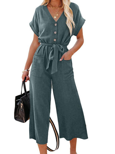 Solid Short Sleeve Buttoned Jumpsuit